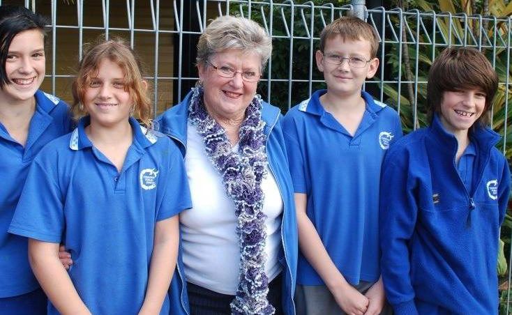 Former student Eunice Higgins is pictured with the current Condong school captains, Alice Knight, Samantha Milne, Ashley Gregg and Angus Pereira. Former student Eunice Higgins is pictured with the current Condong school captains, Alice Knight, Samantha Milne, Ashley Gregg and Angus Pereira.